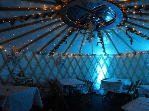 Yurt Interior with festive lights